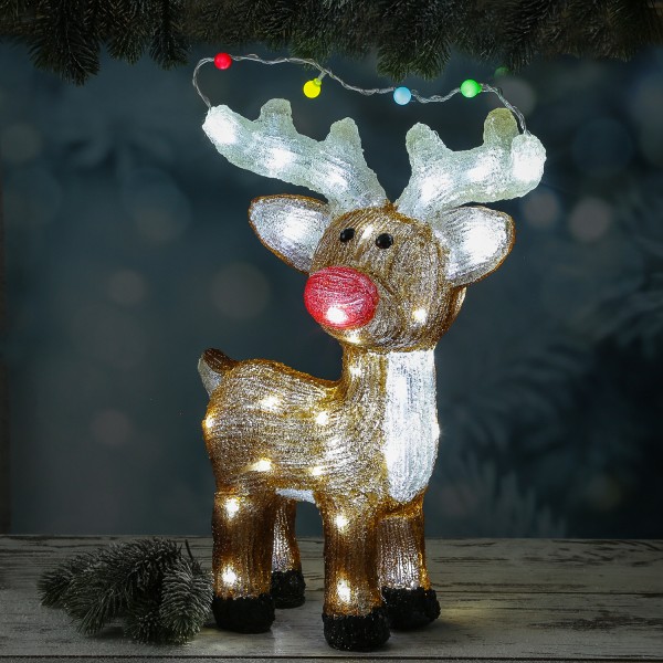 LED Rentier - Acryl Weihnachtsfigur - 48 kaltweiße LED - H: 47cm - mit Trafo - für Außen