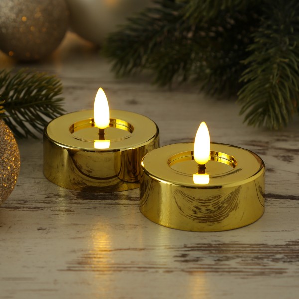 LED Maxi Teelichter - Kunststoff - D: 6,5cm - H: 5cm - Timer - gold glänzend - 2er Set