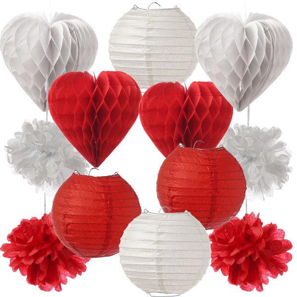 4x Partyset Papierdekoration 12 Teilig - rot/weiß Lampion, Pompon, Herzen