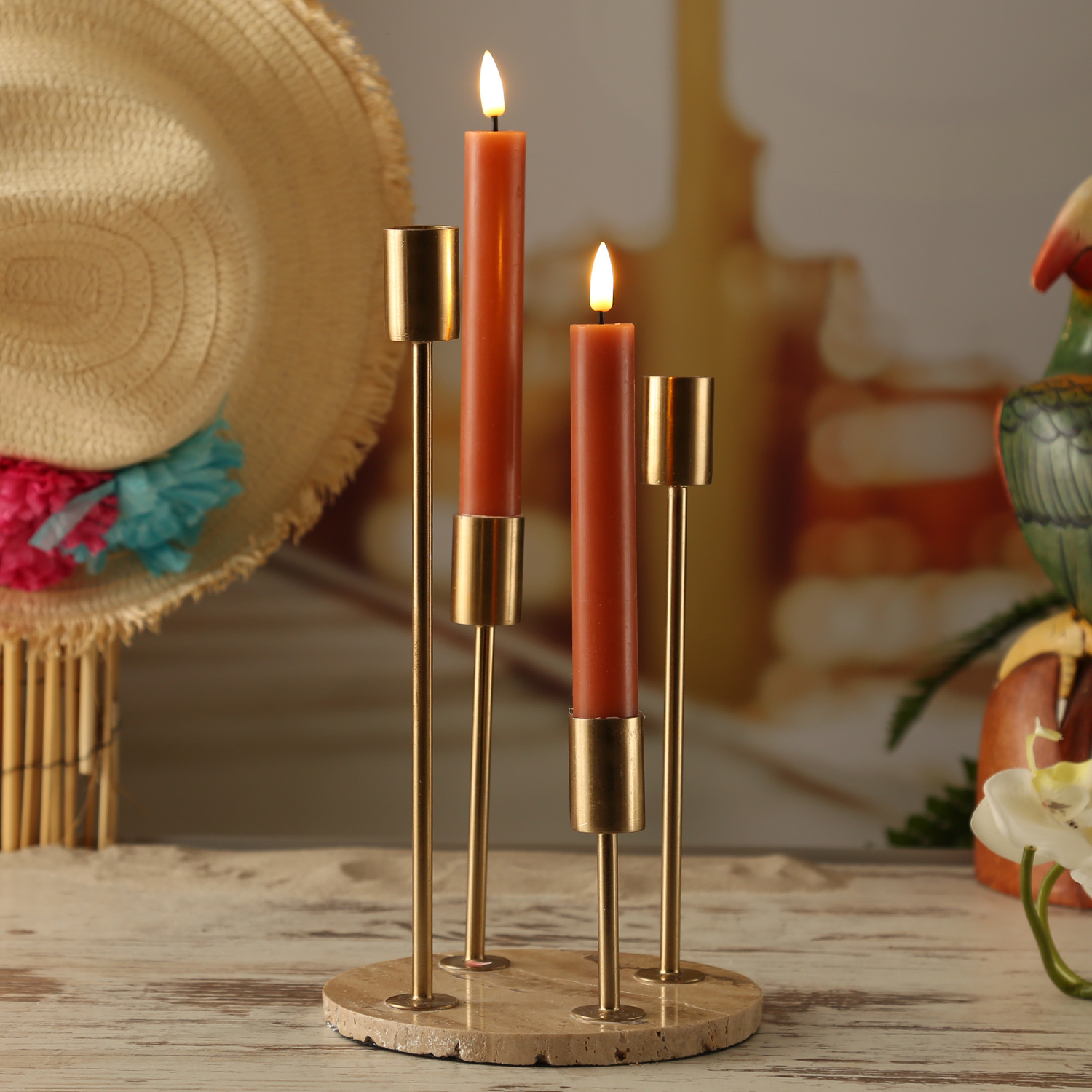 - | Kerzenhalterungen - - - H: Kerzenständer 4 - Marmorplatte Lichterketten Stabkerzenhalter Experte 28cm beige goldfarbene