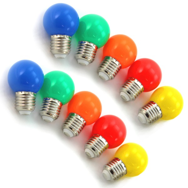 10er Set bunte LED Kugellampen (je 2x rot, grün, blau, gelb, orange) 1W-E27-G45