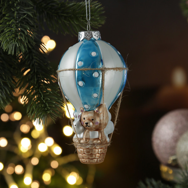 Weihnachtsbaumschmuck BALLON mit Bärchen und Hase - Glas - H: 13cm - blau