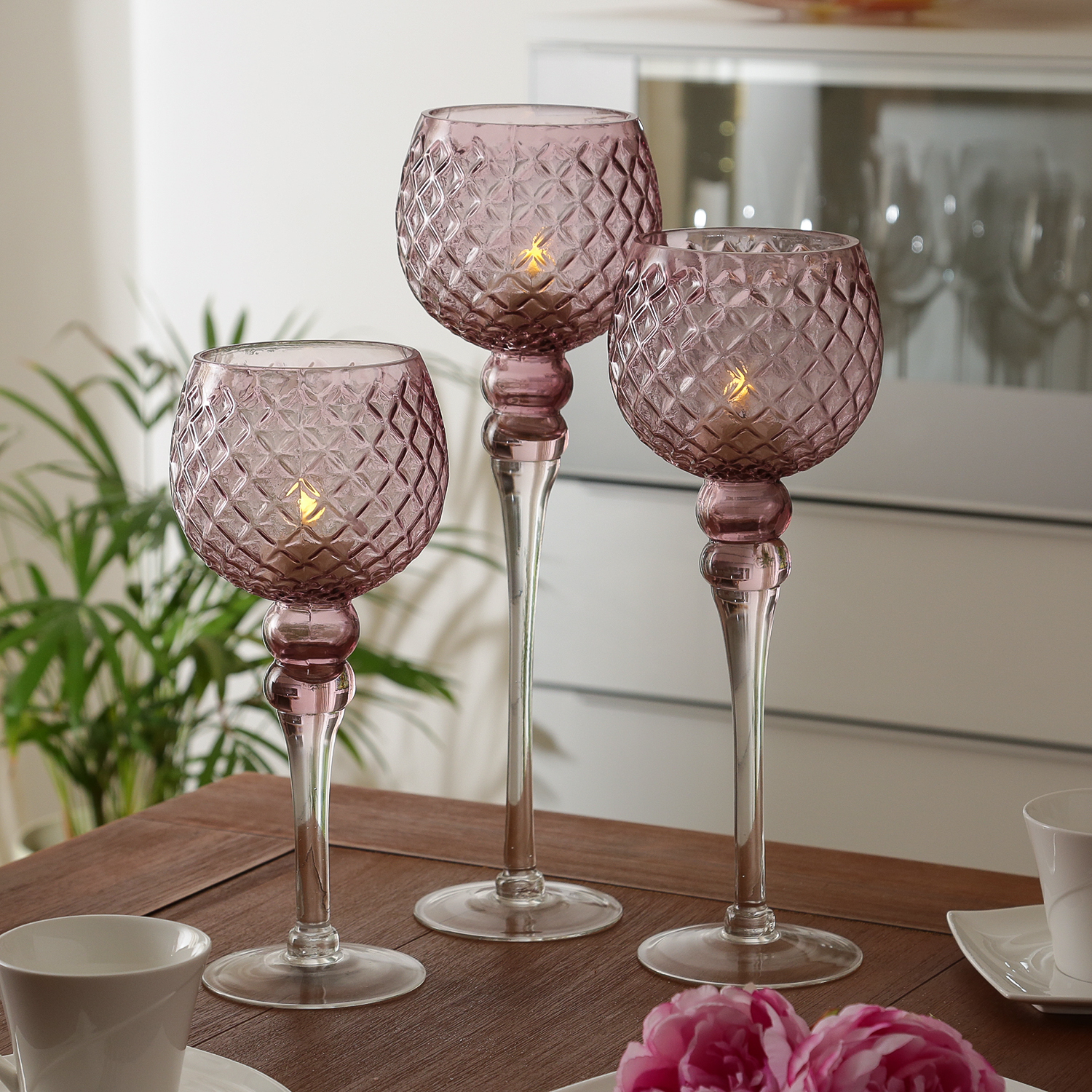 - Experte Windlicht Glas - - Lichterketten | Kerzenhalter 3er - H: Set rosa Kelch 30,5cm/34,5cm/40cm -