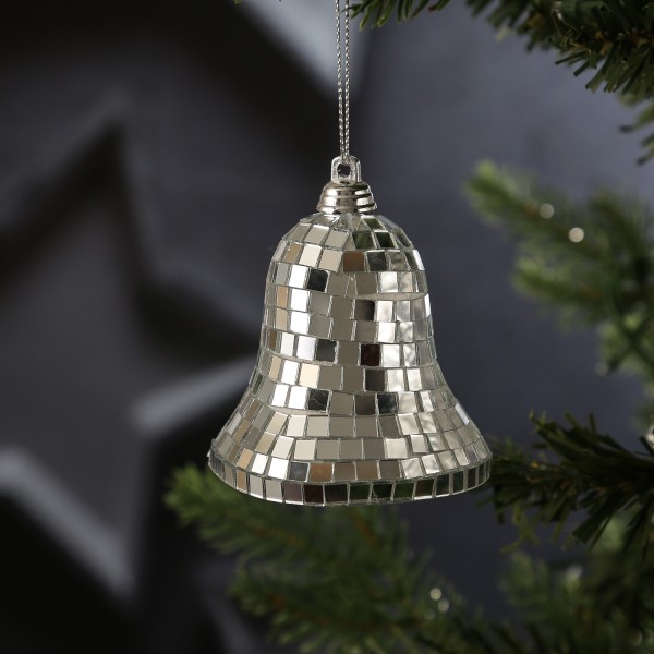 Christbaumschmuck Glocke - Weihnachtsbaumschmuck im Discokugel Look - H: 8cm - silber