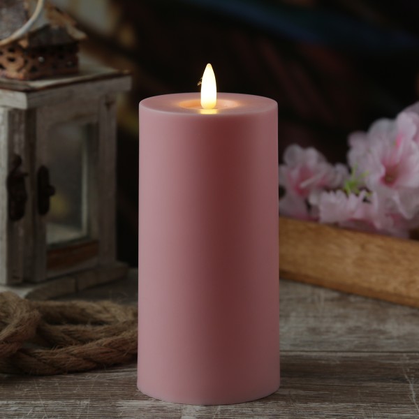 LED Stumpenkerze - Kunststoff - 3D Flamme - H: 15cm - D: 7,5cm - Timer - für Innen/Außen - rosa