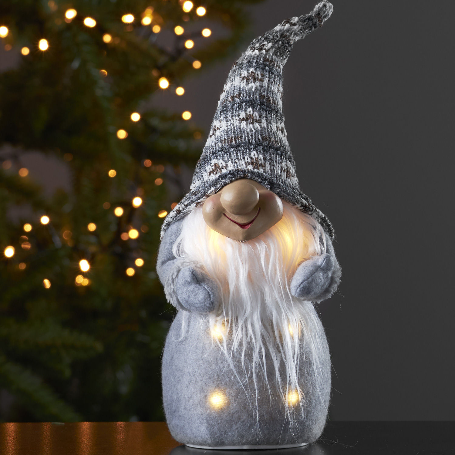 Experte Stoff - Wichtel LED warmweiße - - Mütze grau 6 - 40cm H: Batterie | - mit LED Weihnachtsmann Lichterketten
