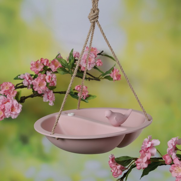 Futterstelle mit Vögelchen - Vogeltränke zum Aufhängen - Bambus - D: 27cm - rosa