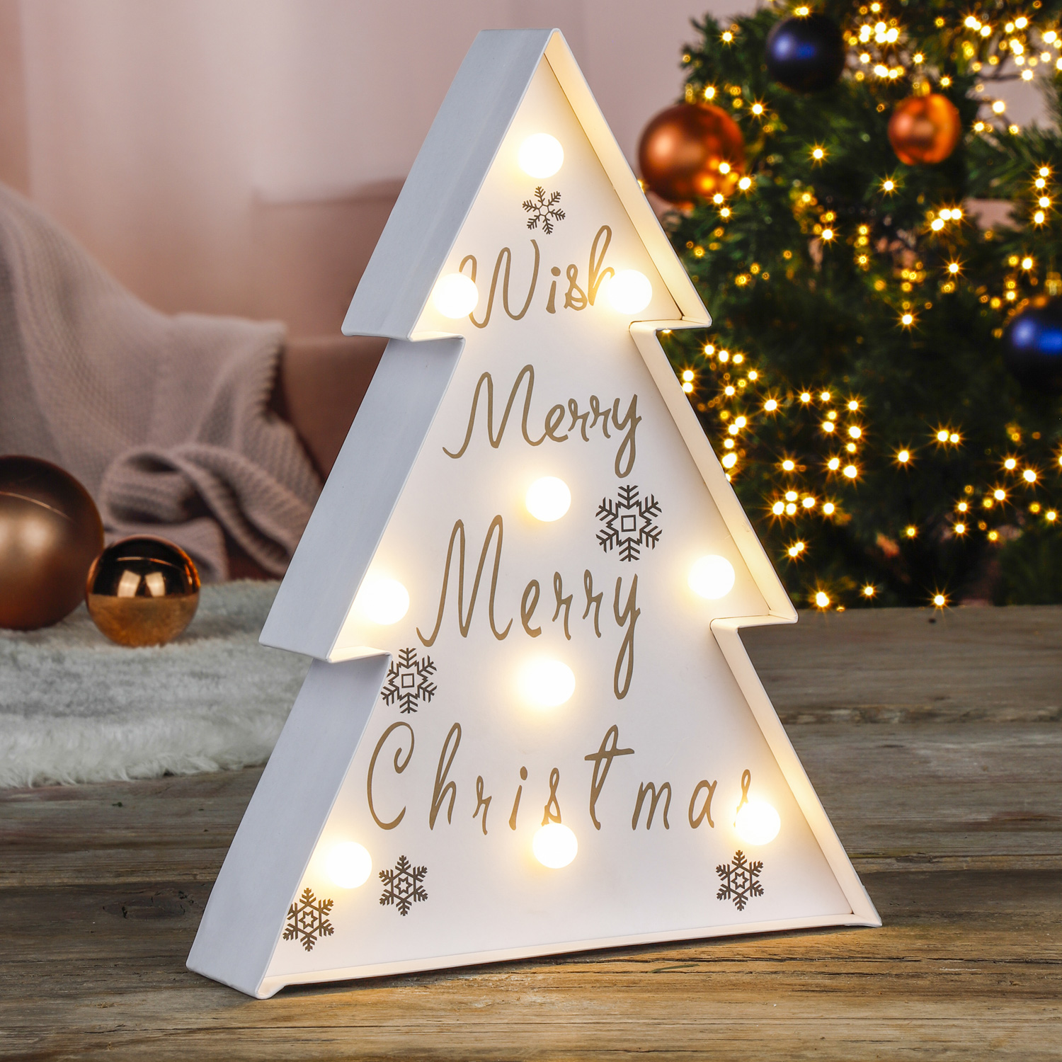 LED Weihnachtsbaum - dekoriert - stehend - 10 warmweiße LED - H: 50,5cm -  Batterie - grün/gold