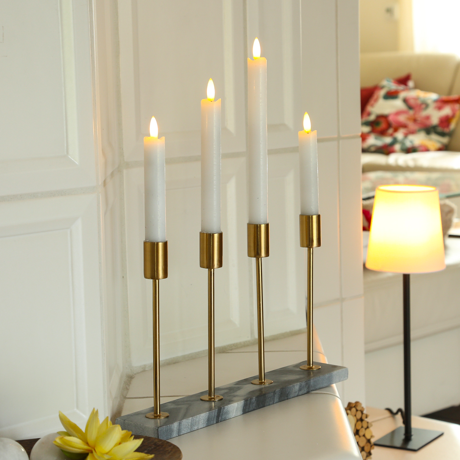 Kerzenständer - 20cm Lichterketten Experte 4 goldfarbene - grau Stabkerzenhalter | H: - Kerzenhalterungen - Marmoroptik -
