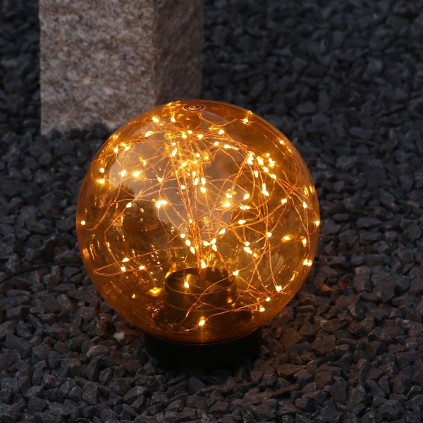 LED Kugel mit Drahtlichterkette - stehend - 100 bernsteinfarbene LED - D: 25cm - f. Außen - amber