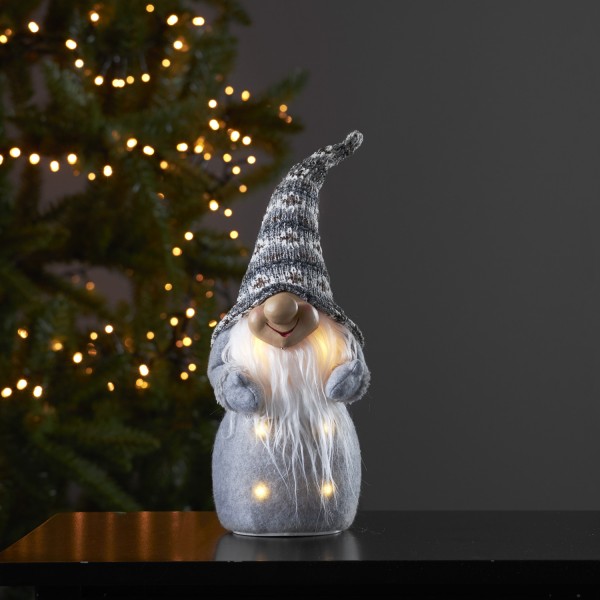 LED Stoff Wichtel mit Mütze - Weihnachtsmann - 6 warmweiße LED - H: 40cm -  Batterie - grau | Lichterketten Experte