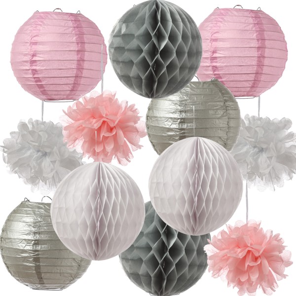 4x Partyset Papierdekoration 12 Teilig - grau/weiß/rosa Lampion, Pompon