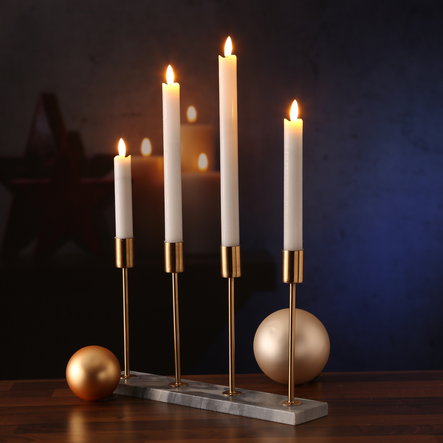 Lichterketten Experte - H: | 4 Marmoroptik Stabkerzenhalter - - Kerzenständer grau 20cm - goldfarbene - Kerzenhalterungen